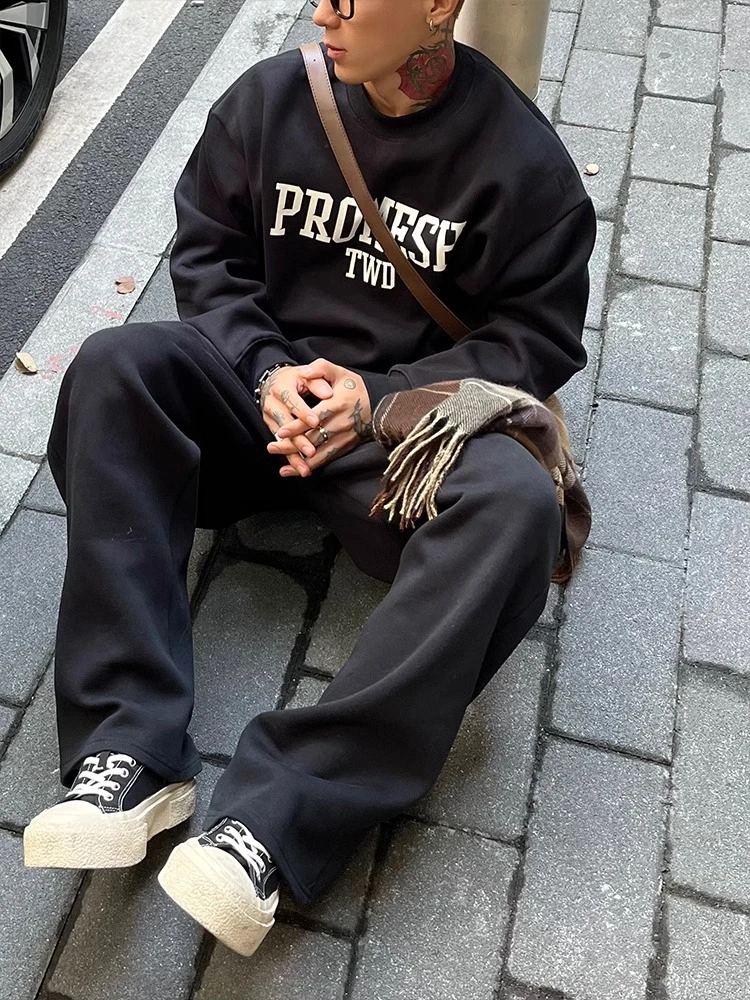 撞色英文印花重磅加厚400克银狐绒卫衣男秋季青年圆领ins长袖上衣