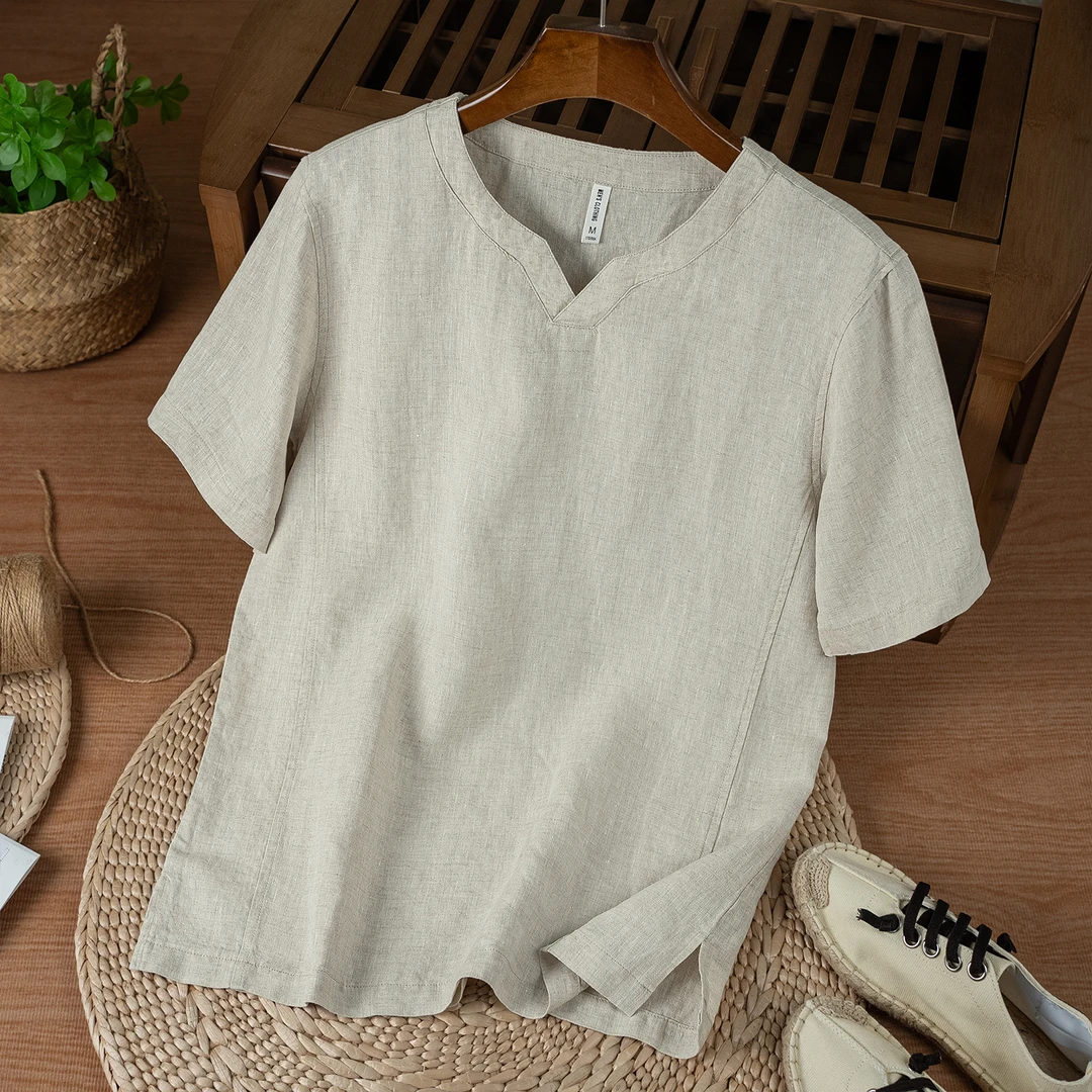 中国风复古V领短袖T恤男士透气休闲舒适宽松夏季纯色亚麻上衣衫
