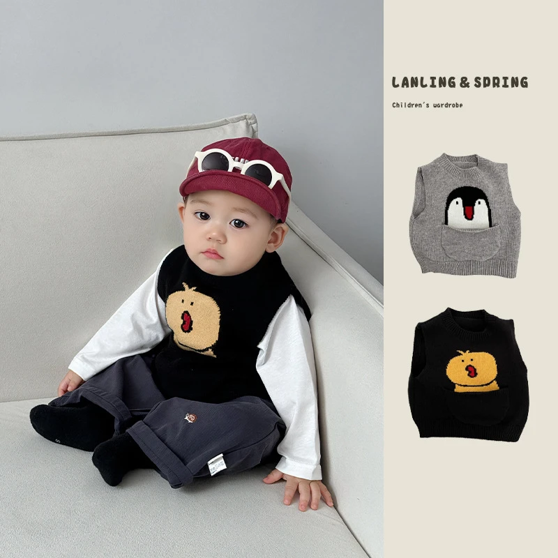 男童马甲春季套装新款韩范帅气小童卡通针织坎肩秋季宝宝外穿背心