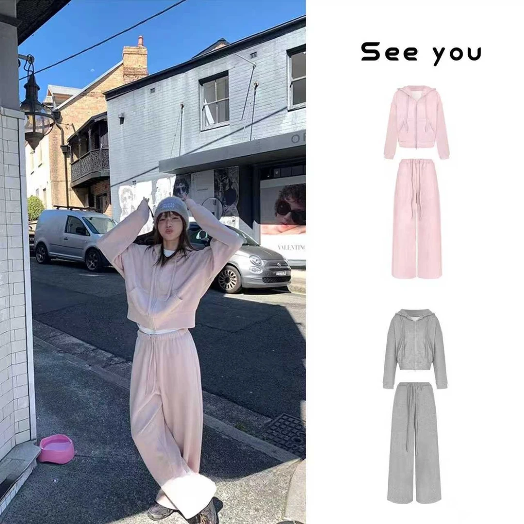 毛绒奶呼呼连帽外套宽松阔腿裤加绒加厚卫衣套装X1952+X1953