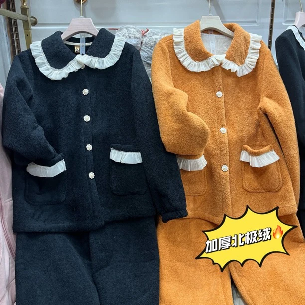 三层加厚夹棉娃娃领加绒可外穿杨梅绒女士睡衣套装