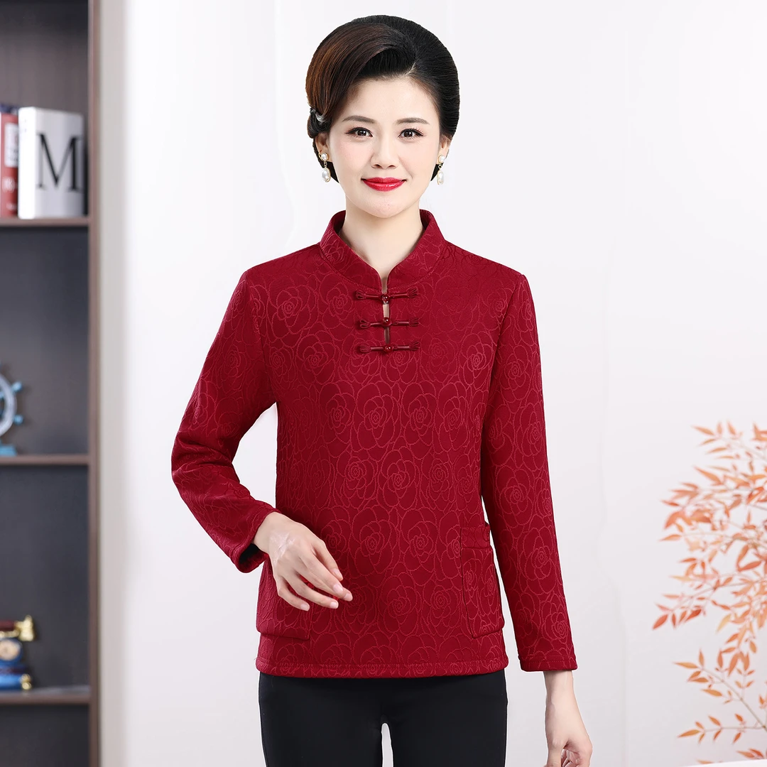 妈妈秋冬加绒旗袍上衣中式复古保暖T恤中老年女装国风长袖打底衫