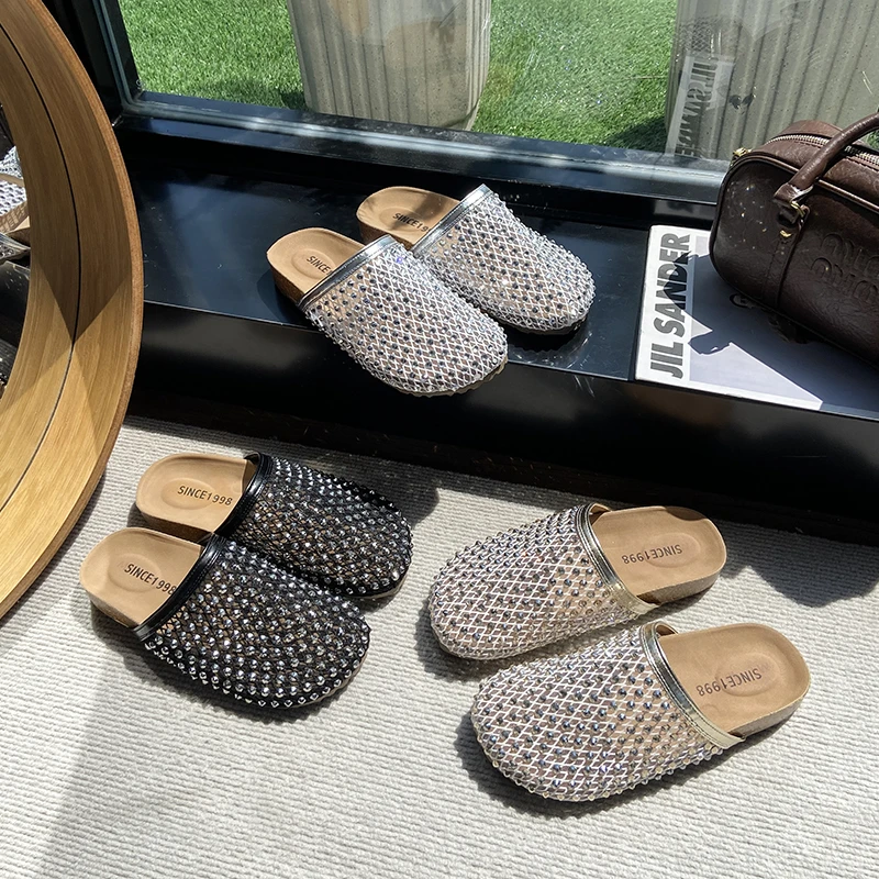 大码包头拖鞋女41到43厚底勃肯鞋夏季一脚蹬渔网水钻仙女风凉拖鞋