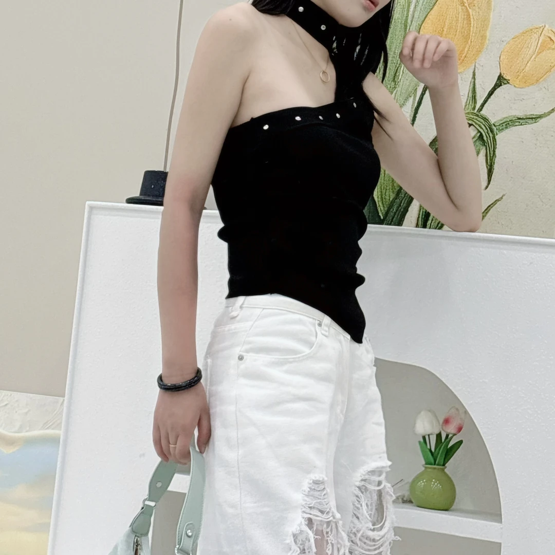 美式辣妹性感露背铆钉设计挂脖飘带针织背心修身纯欲百搭吊带上衣