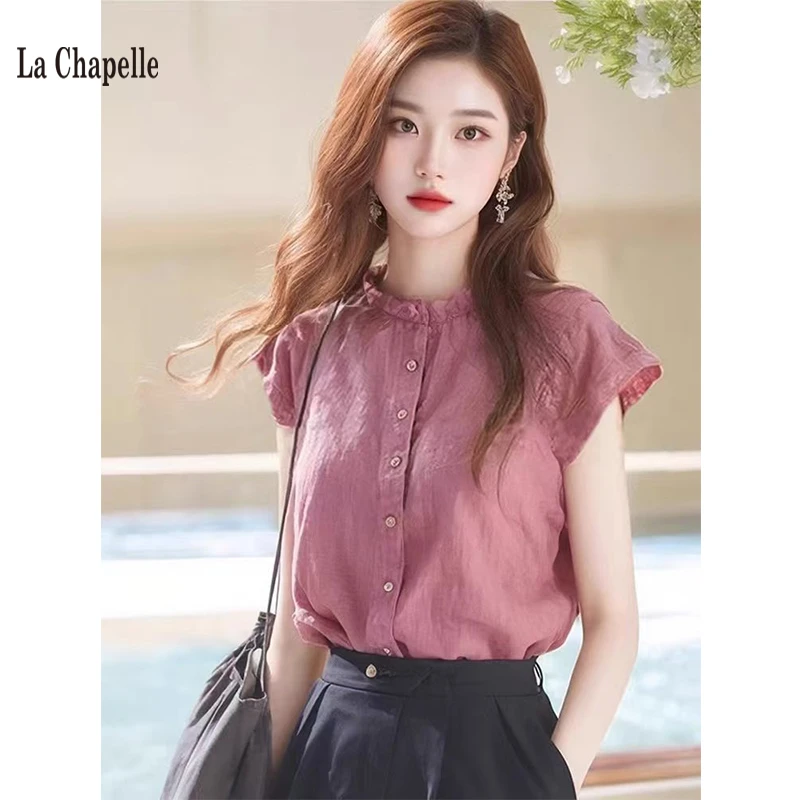拉夏贝尔豆沙红圆领短袖衬衫女2025年夏季洋气独特别致小衫上衣女