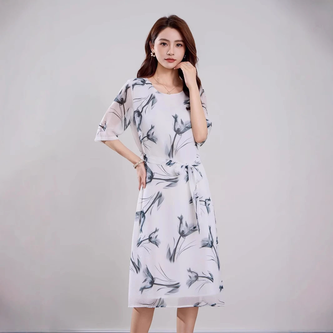 连衣裙女100%桑蚕丝夏季新款百搭修身系带收腰显瘦长款真丝长裙薄