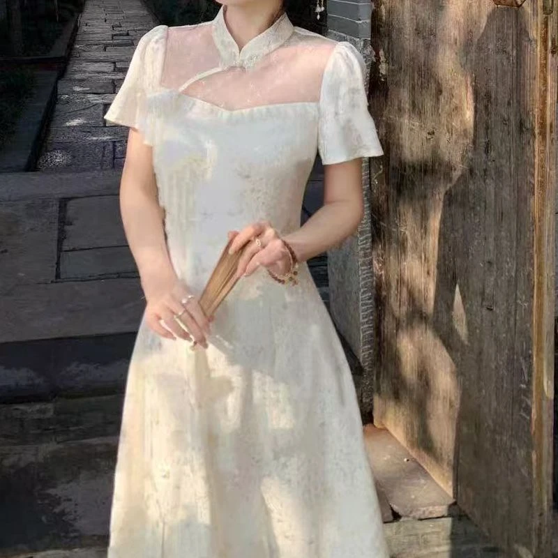 （大嘴）新中式白月光旗袍夏季收腰显瘦气质短袖网纱连衣裙9277