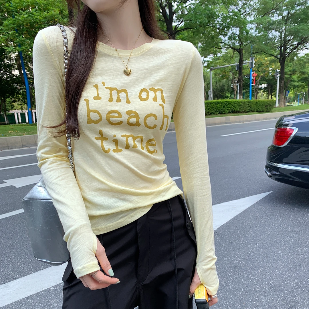 黄色薄款防晒罩衫女夏季薄款微透修身辣妹早秋长袖t恤设计感上衣