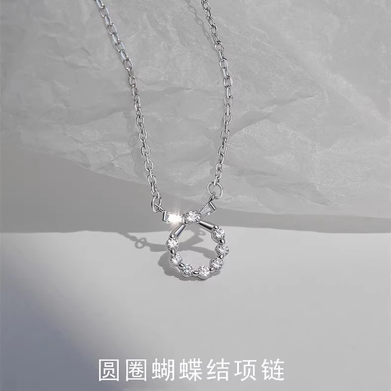 钛钢项链 蝴蝶结圆圈锆石镶钻项链轻奢小众ins个性冷淡风锁骨链