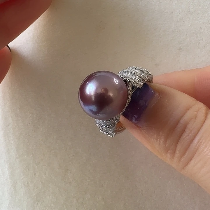 绘***象戒指银S925镶嵌淡水珍珠大紫珠戒指