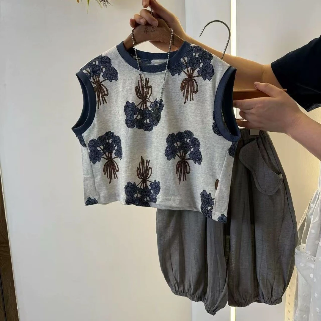 儿童夏季新款套装2025男童夏装印花无袖背心洋气休闲宽松裤两件套