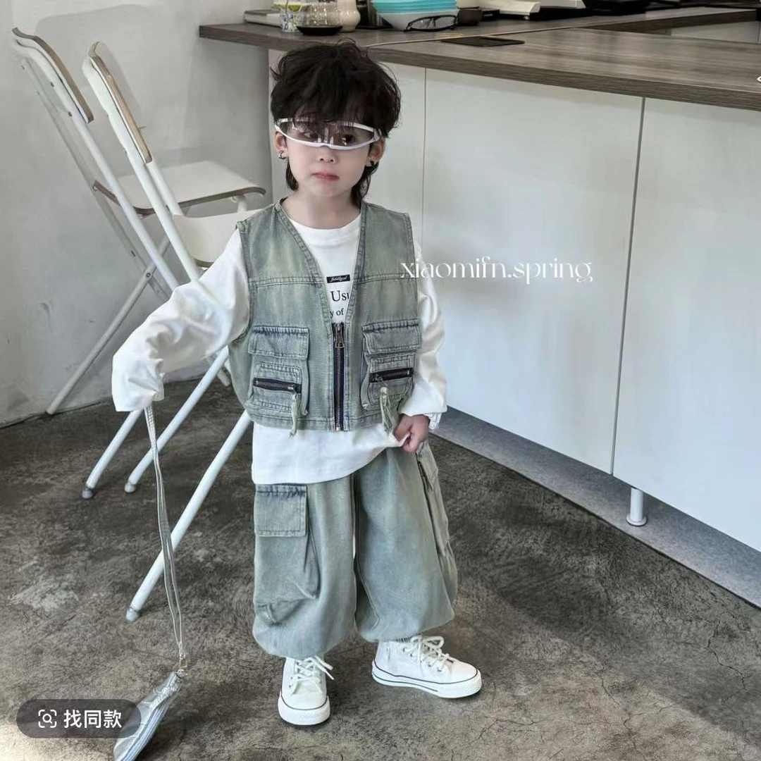 2025春季新款洋气卡通做旧牛仔裤马甲套装韩版男童宝宝三件套TT