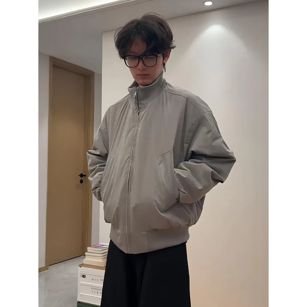 灰色美式飞行夹克服男款冬季高级感立领短款衣外套夹棒球服