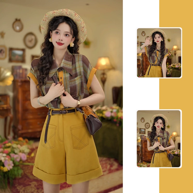 夏季穿搭一整套女2025新款洋气复古格子衬衫配休闲显瘦短裤两件套