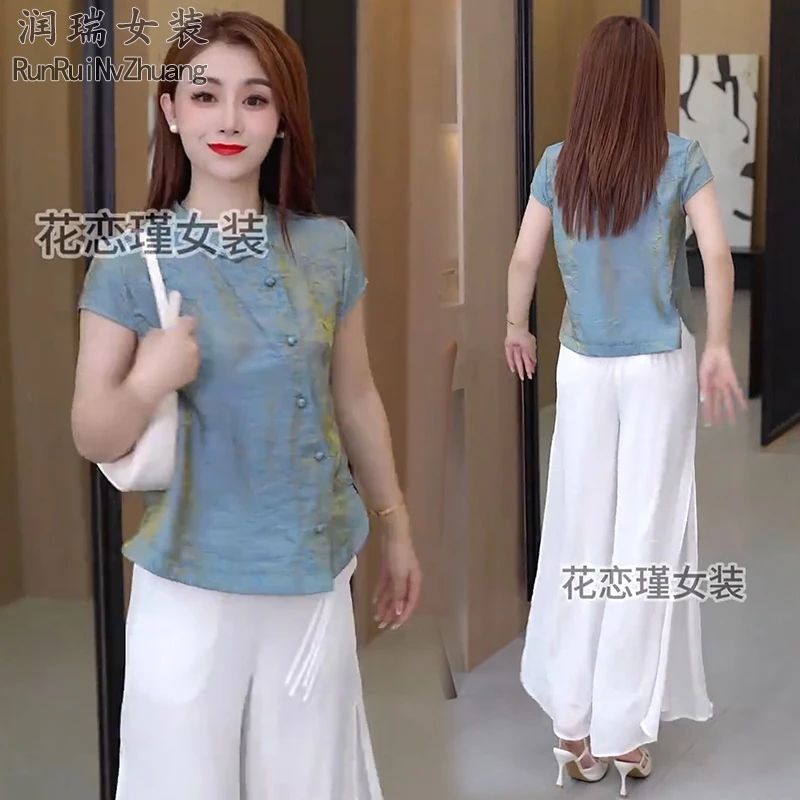 2025新中式国风时尚套装女夏季新款轻熟风短袖上衣阔腿裤两件套潮