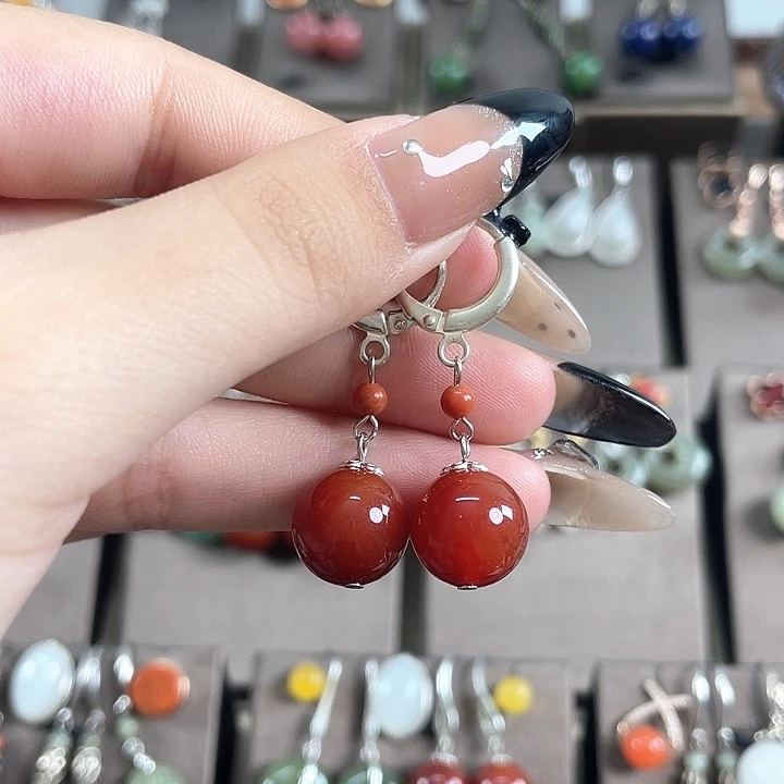 玛瑙/玉髓耳饰银S925镶嵌12左右耳扣