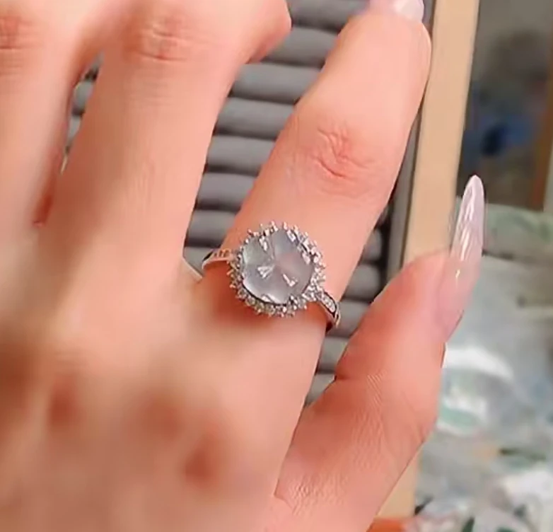 天然A货翡翠天空蓝梅花戒指复古精致可调节精美指环