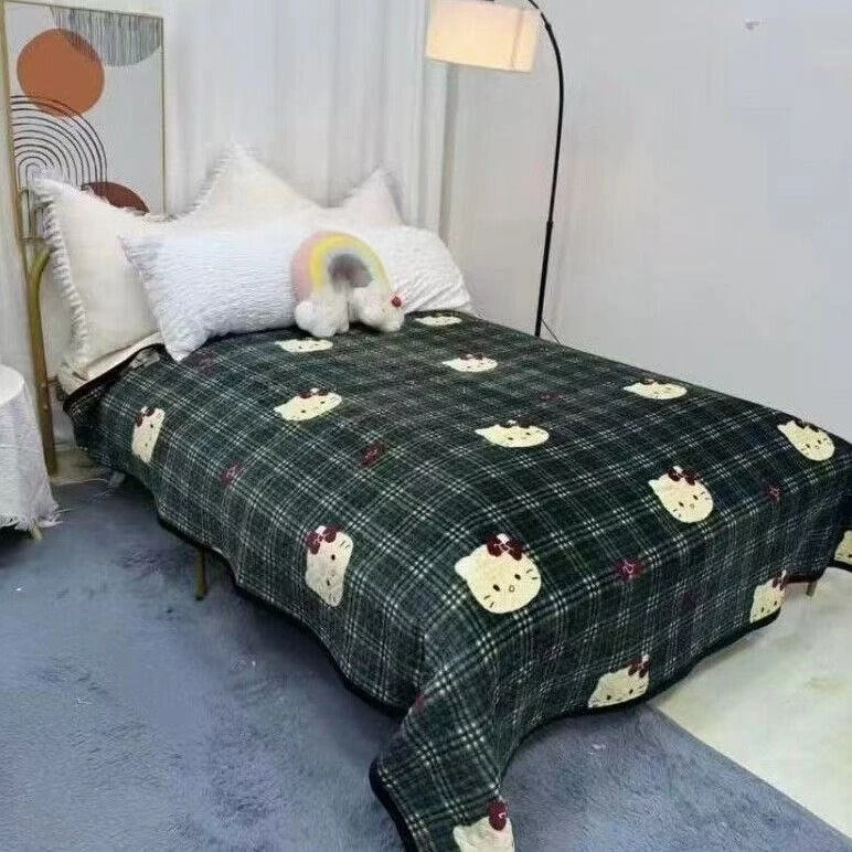 [绿格KT猫]冬季新款加绒牛奶绒床盖加厚床单2＊2.3