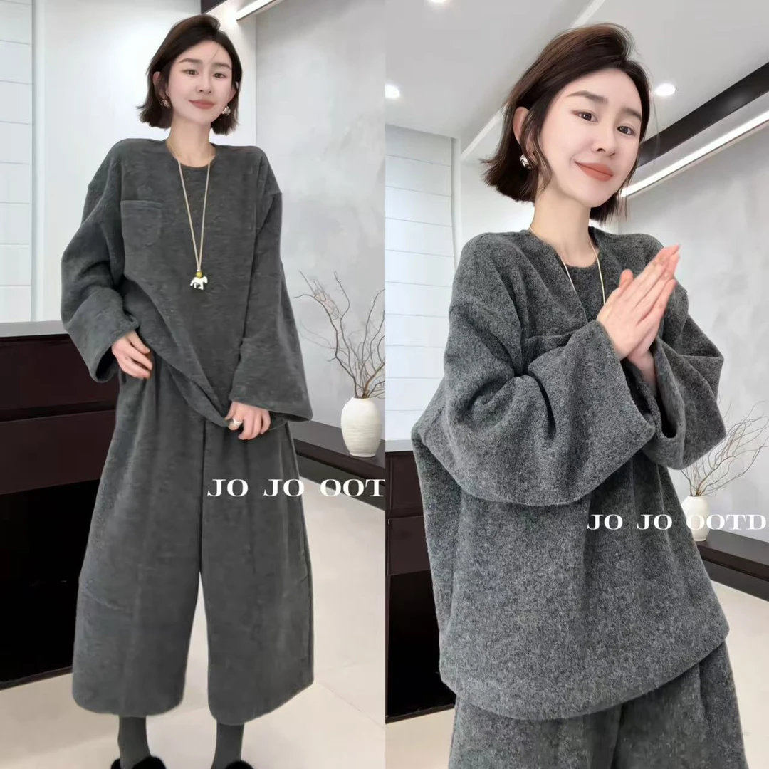 玖了个玖 2025冬款 极简百搭立体剪裁单口袋阔腿裤套装 2511C8404