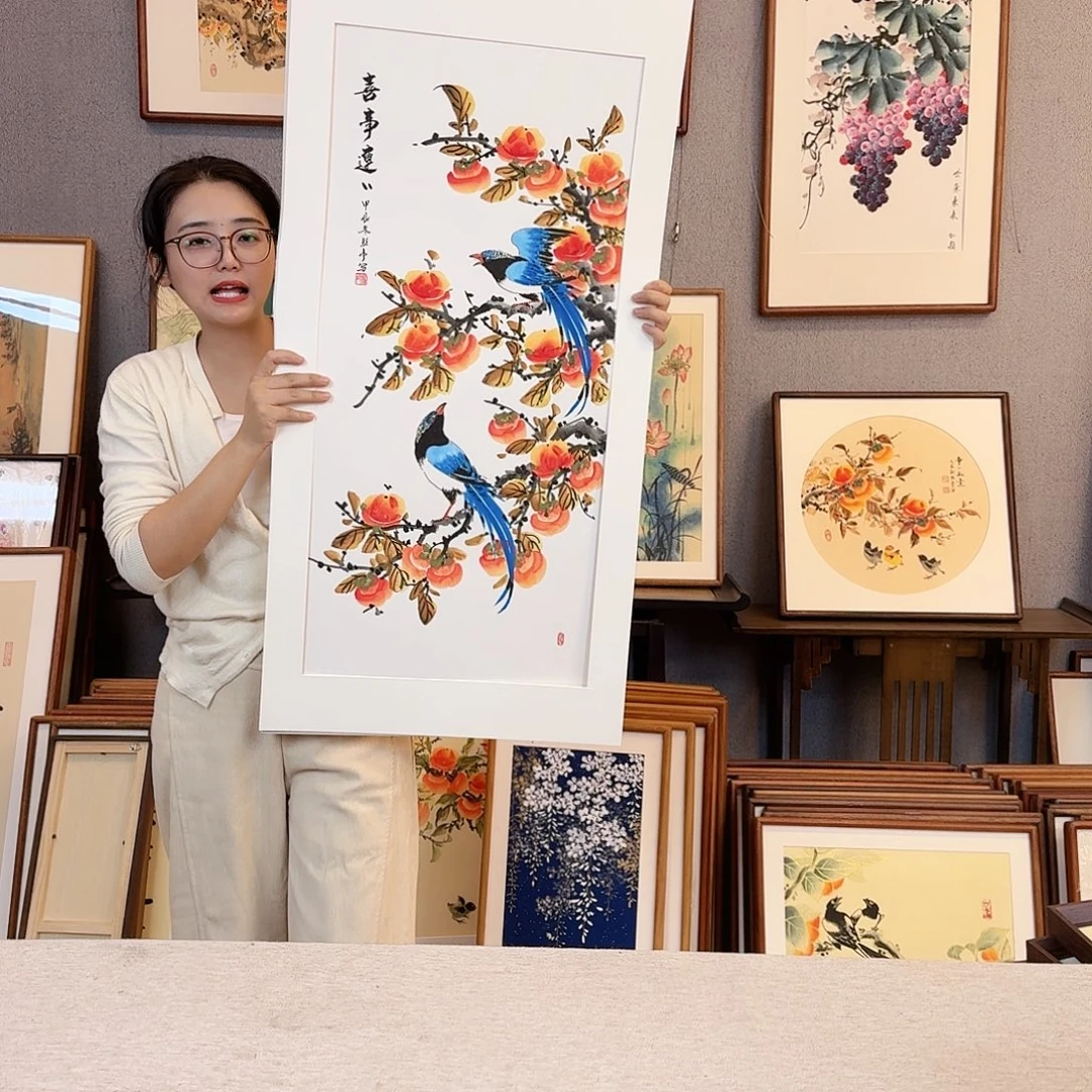 国画纯手绘，纯手写带框尺寸：53×103厘米