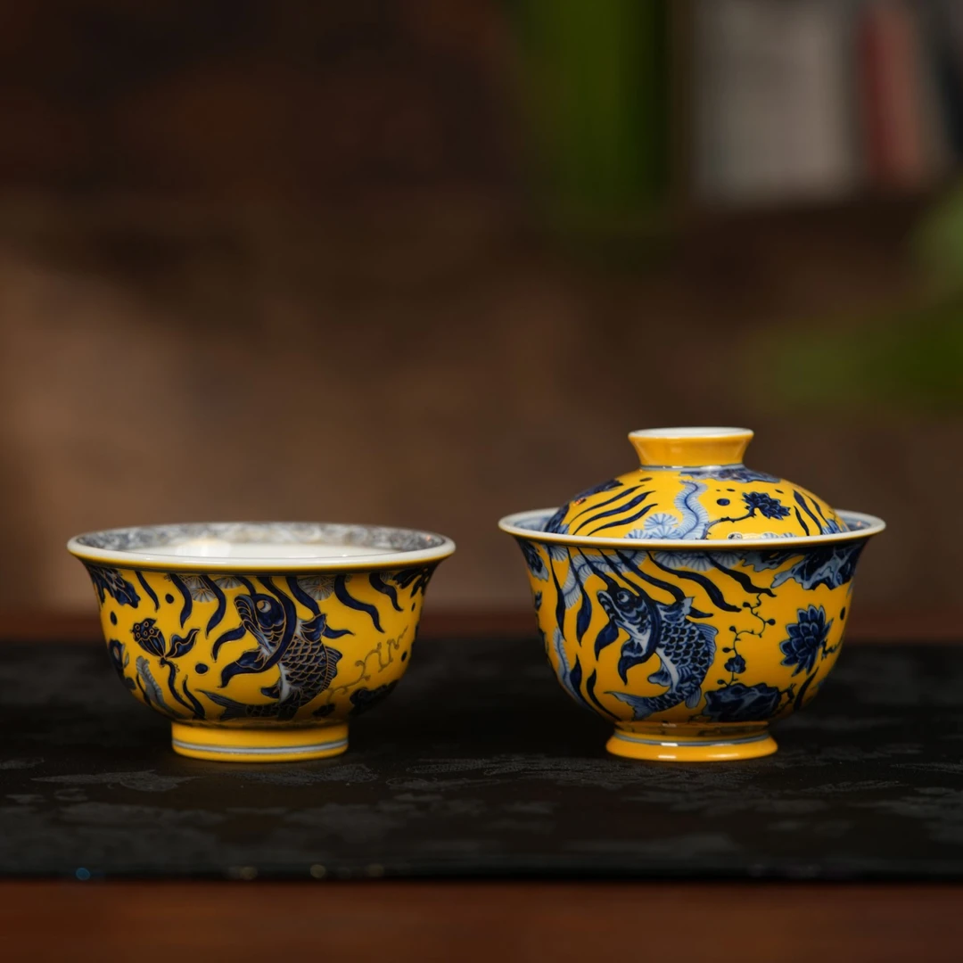 良朋怀古黄底鱼藻纹茶器景德镇釉下彩二才盖碗手绘高档泡茶碗茶具