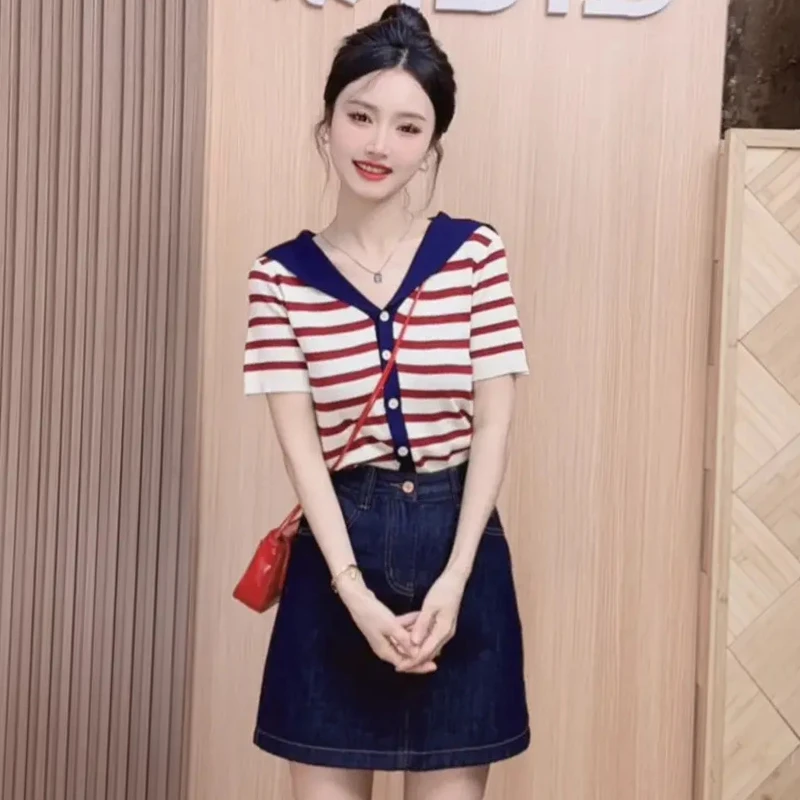 小个子时尚韩版短袖女2025年夏季新款海军领条纹高级感洋气上衣潮