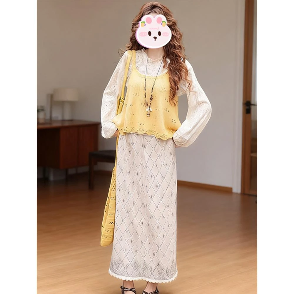 港风覆古时尚套装女2025秋季新款菱形格印花中长款半身裙三件套