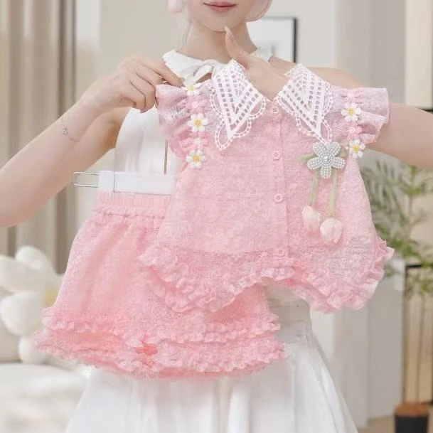 女童飞袖短裤套装2025夏季女孩花边翻领衬衫木耳边裙裤露背蝴蝶结