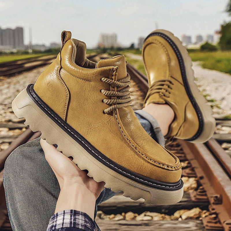 欧洲站男鞋冬季新款复古潮鞋男士休闲鞋国潮英伦风中帮厚底增高鞋