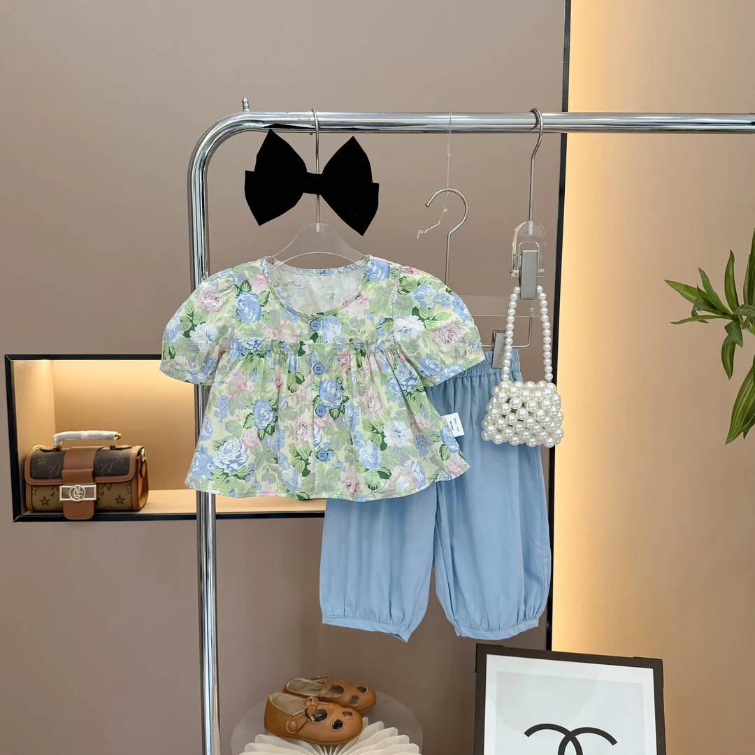 女童夏季娃娃衫碎花水洗牛仔裤裤套装洋气薄款夏季时髦百搭女宝