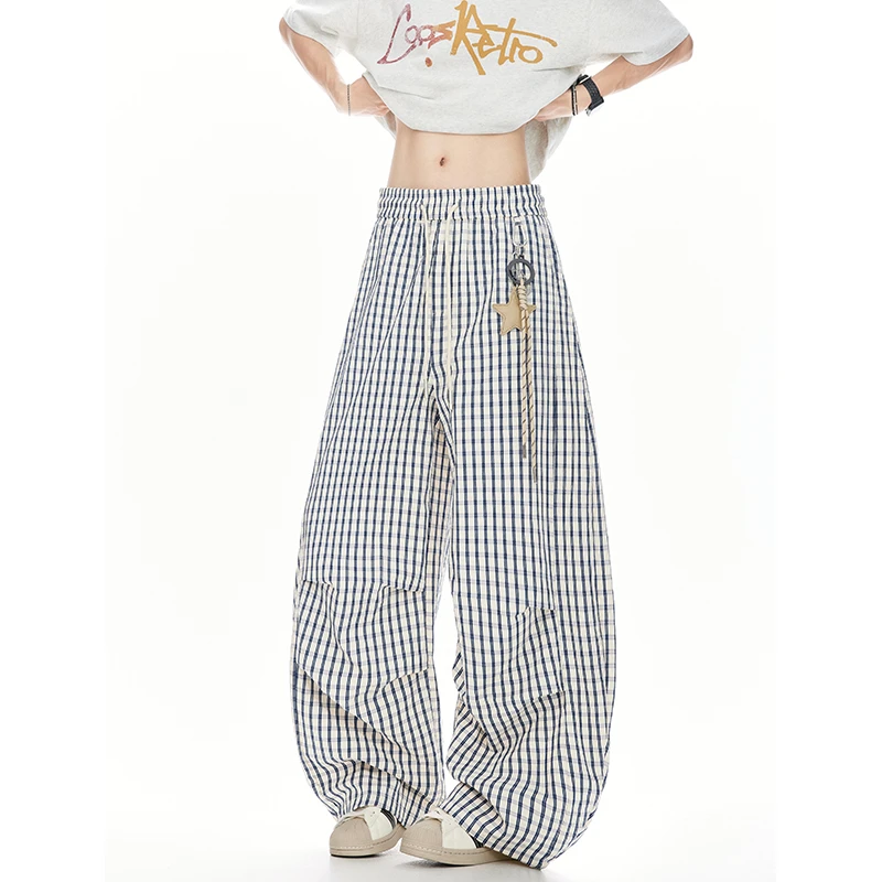 星星挂饰格子弯刀休闲裤男春秋垂感阔腿裤宽松慵懒风直筒拖地裤子