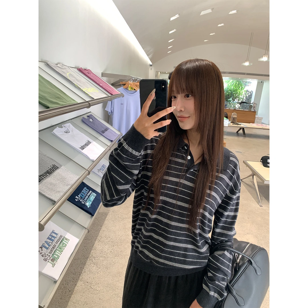 时尚休闲百搭小众条纹复古简约韩版针织衫上衣毛衣秋冬长袖黑色木