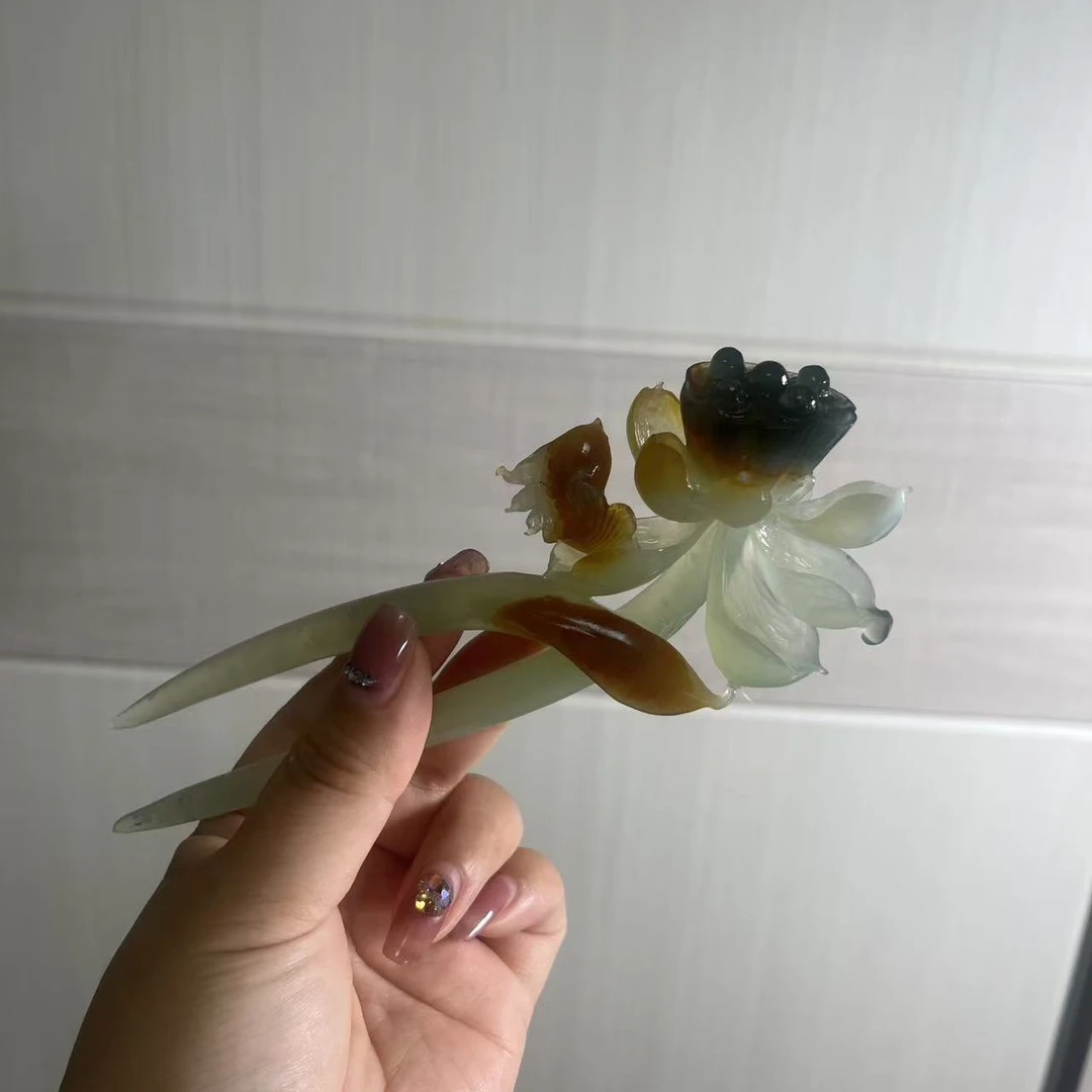岫玉花玉荷花双簪