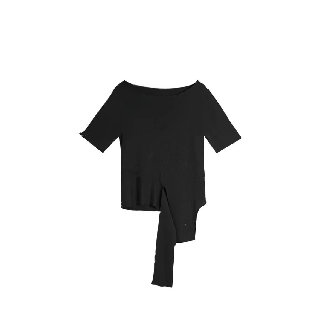 小众不规则设计感一字肩扭结纯色套头打底衫长袖针织衫