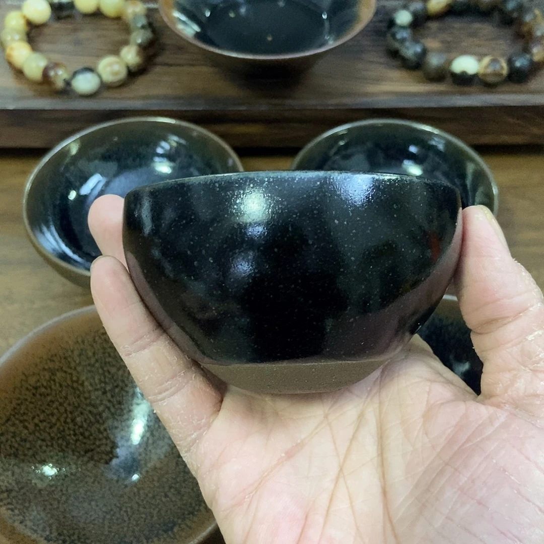 茶盏北之苑龙窑柴烧黑被带银滴