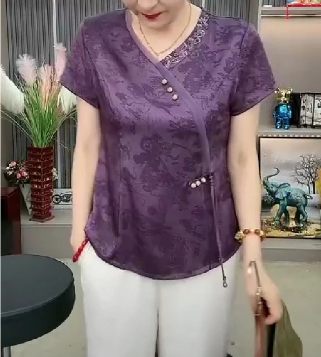 夏季桑蚕丝新款盘扣新中式妈妈上衣