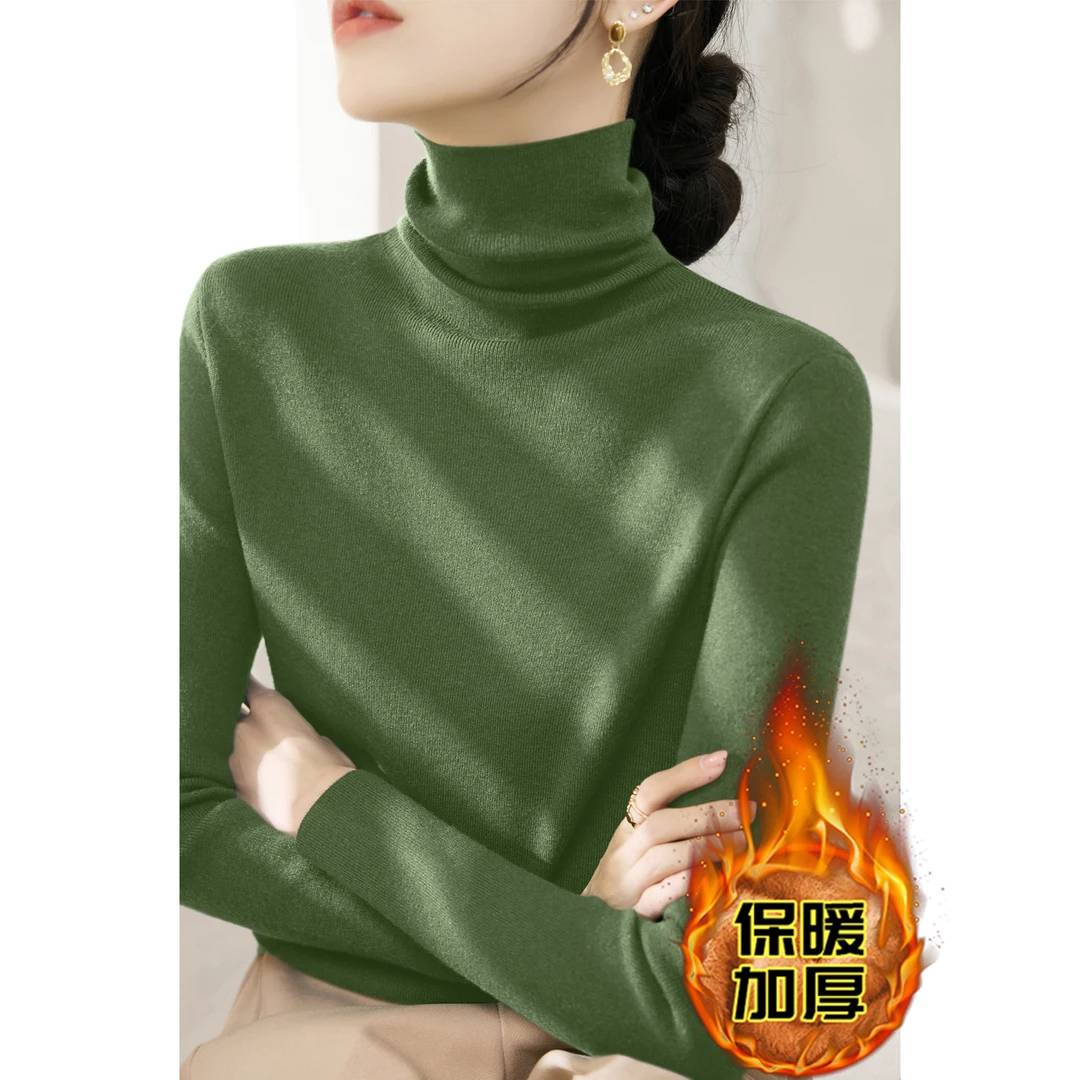 时髦绿色堆堆高领针织衫女冬季新款保暖加厚修身显瘦高领毛衣上衣