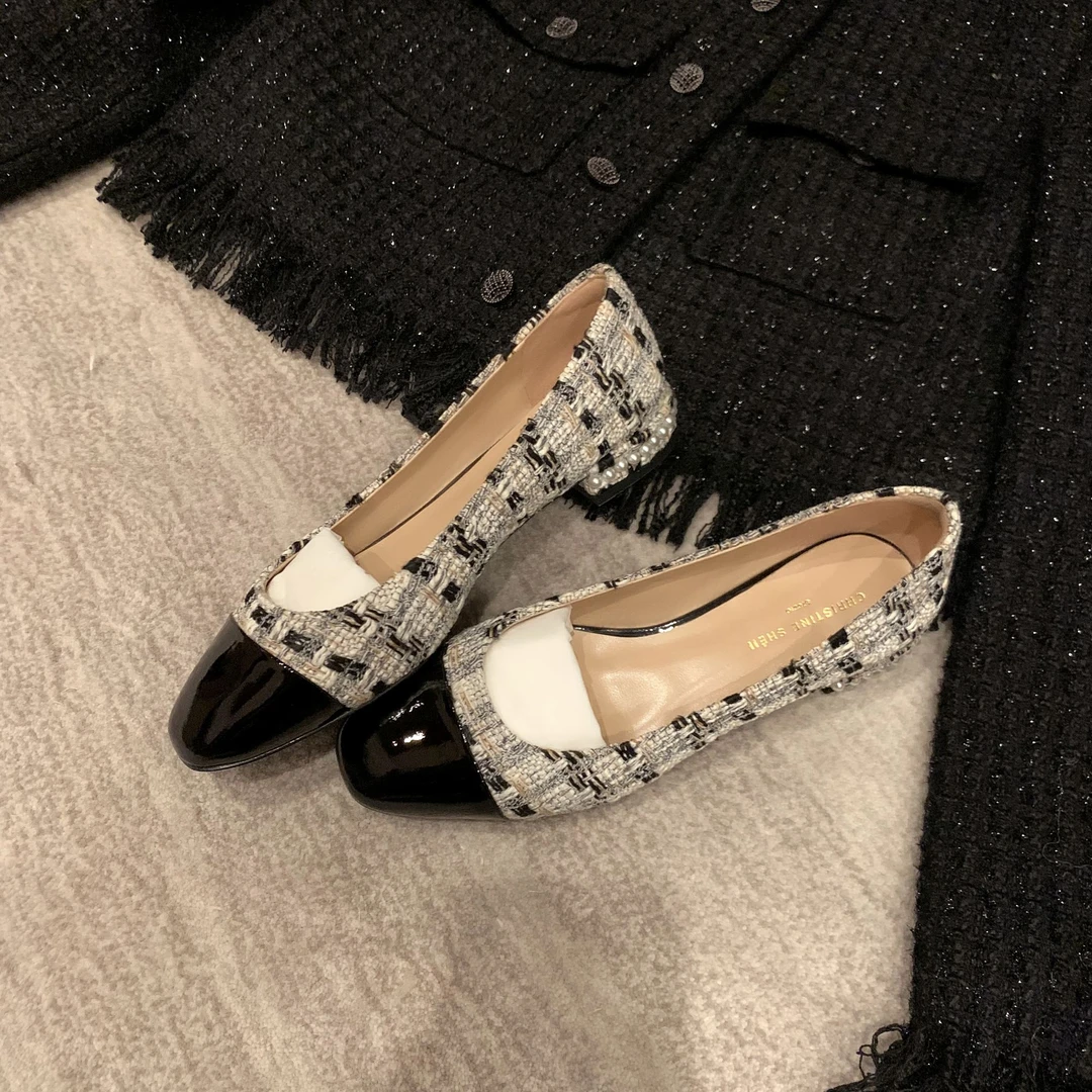 【年中钜惠】名媛感~拼色方头粗花呢珍珠跟单鞋女通勤鞋E3301098