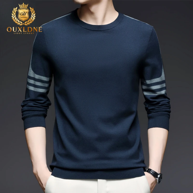 OUXLDNE 高端针织毛衣男2025秋季新款圆领打底上衣潮流拼接针织衫