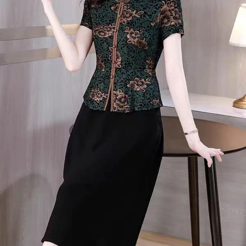 9792-夏季新款新中式国风拼接假二件短袖气质妈妈装连衣裙女（A仓）