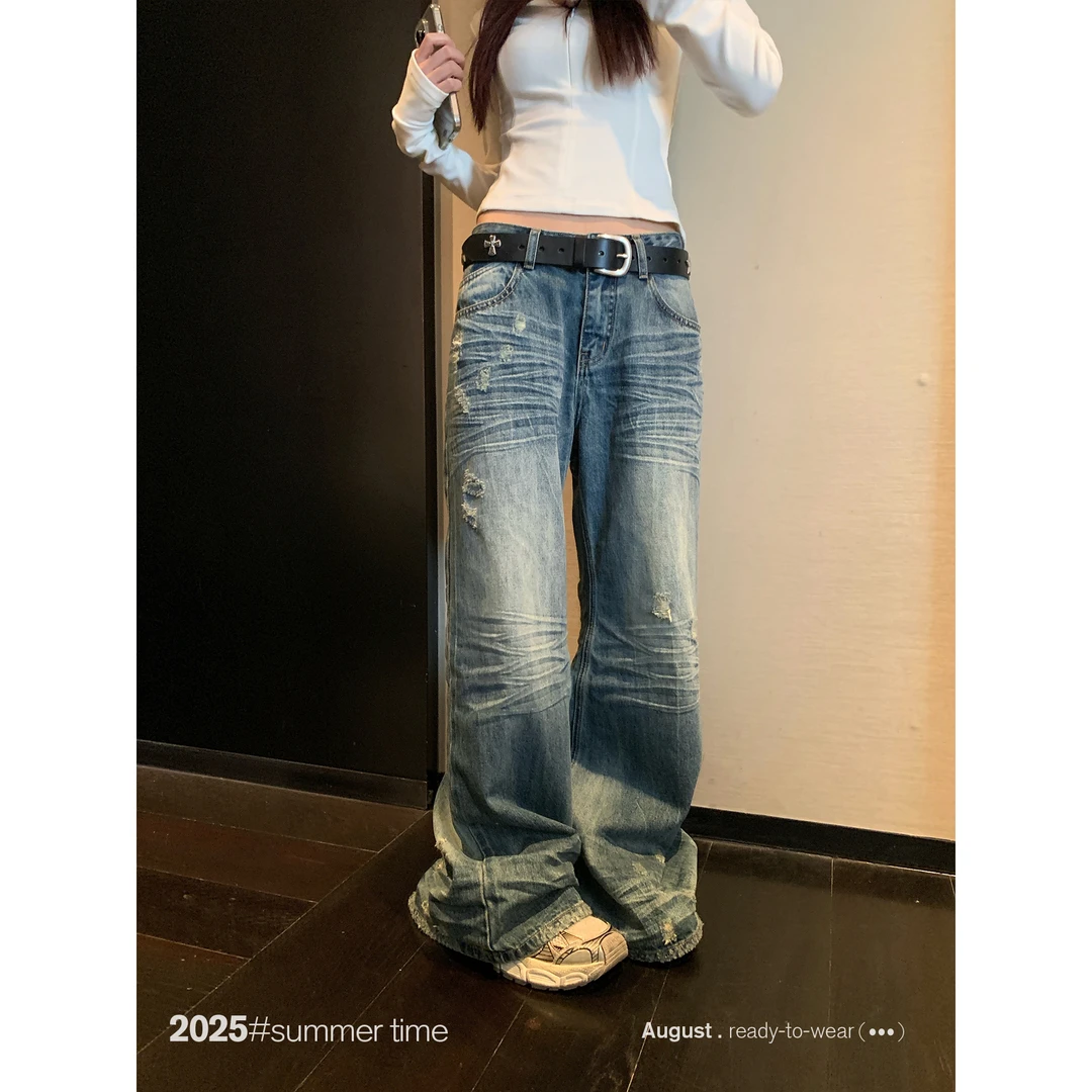 SUNONEONE 水洗宽松磨破低腰牛仔裤女秋季美式复古休闲裤子H1283K