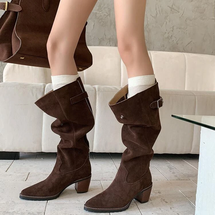 颜值加分~！时尚两穿磨砂皮时装靴尖头粗跟时髦炸街显瘦百搭长靴