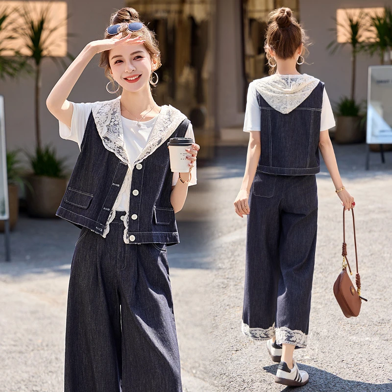 休闲时尚蕾丝拼接牛仔套装女2025年夏季新款洋气宽松阔腿裤三件套