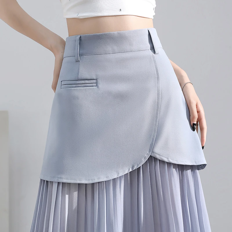 蓝色假两件西装拼接压褶半身裙女夏季高腰垂感雪纺拼接百褶直筒裙