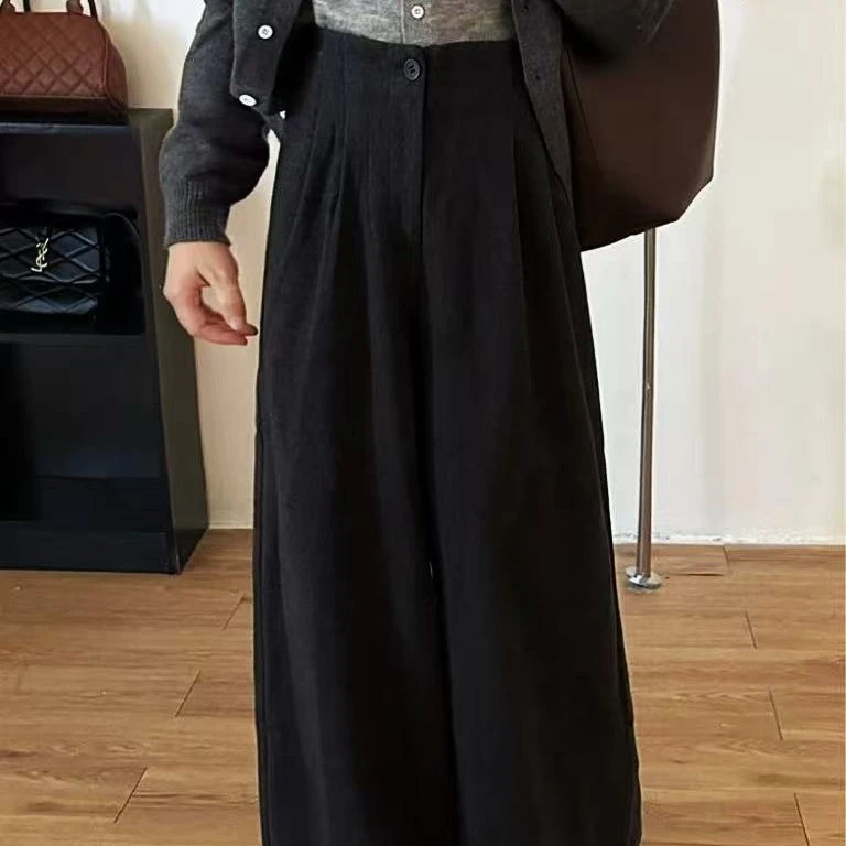 W2570秋冬新款韩系厚松紧高腰百搭垂感呢子阔腿裤休闲显瘦