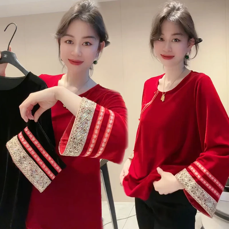 春季新款女士打底衫设计感袖口拼接长袖小衫气质时尚金丝绒内搭女