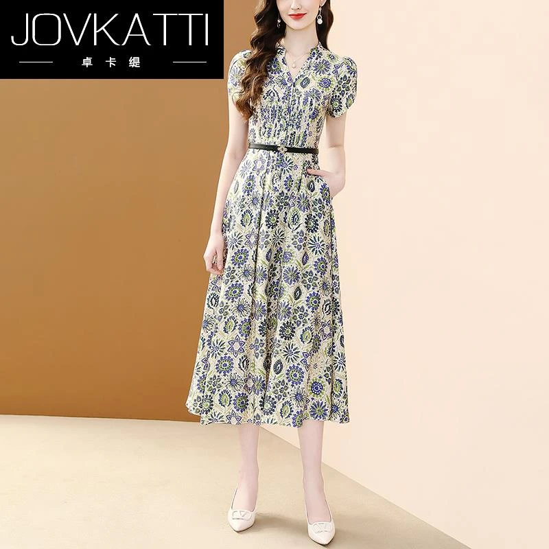 Jovkatti高级感气质优雅连衣裙2025夏季新款短袖收腰显瘦印花大摆