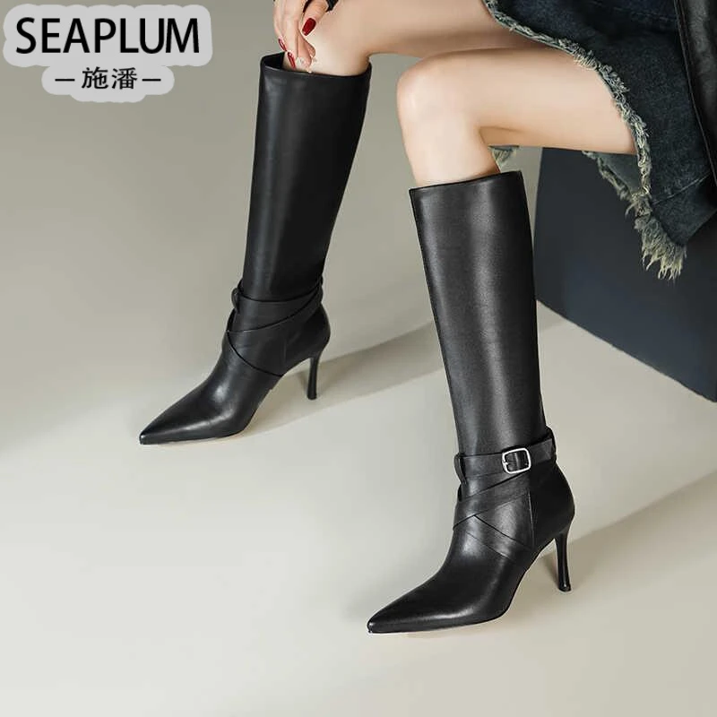 尖头不过膝长靴女冬季加绒气质高筒靴女士高跟直筒靴女士细跟靴子