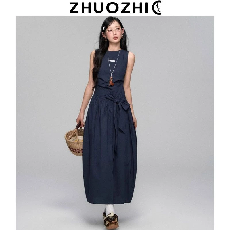 法式温柔风蓝色无袖绑带蝴蝶结连衣裙子女2025夏气质收腰背心长裙