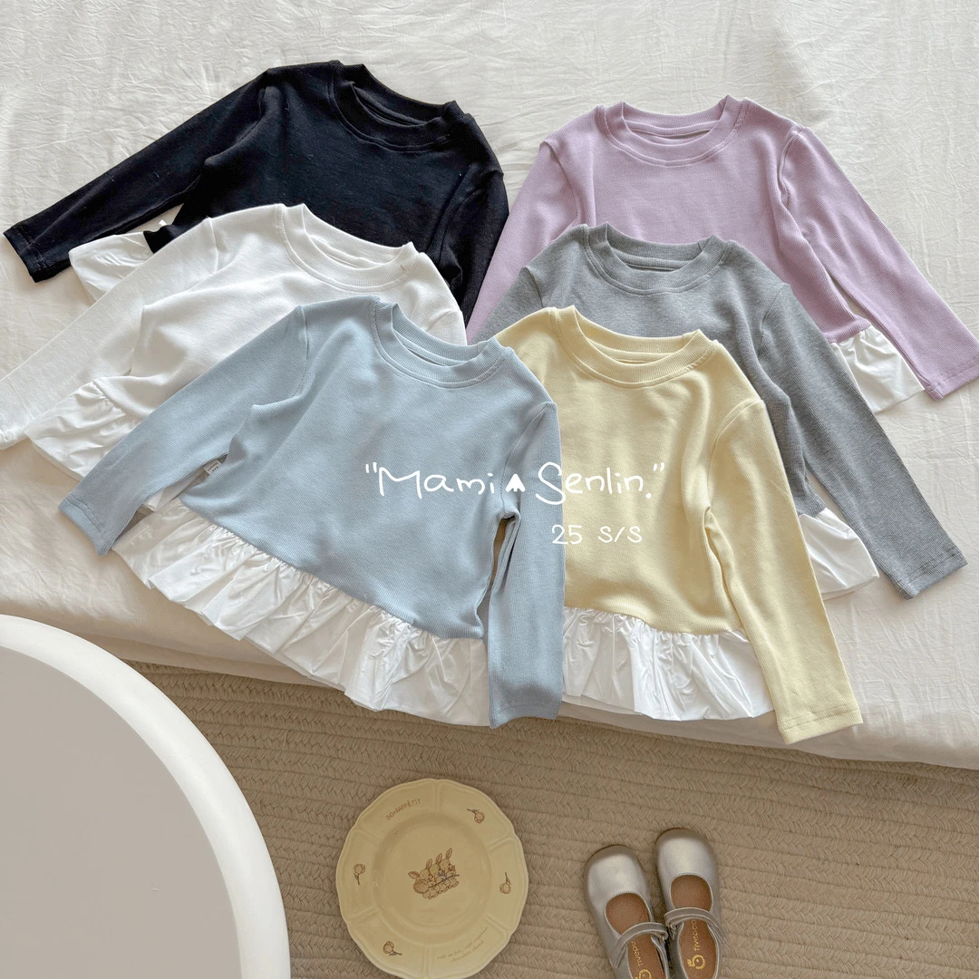 女童长袖T恤2025春秋新款韩版百搭纯色上衣女宝宝棉布花边打底衫t